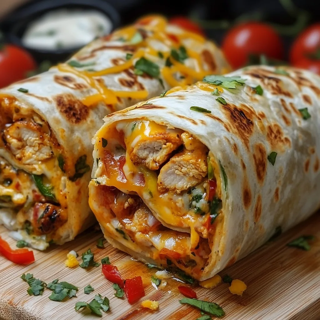 The ultimate grilled chicken wrap with juicy chicken, fresh vegetables, and a soft tortilla, served on a wooden plate