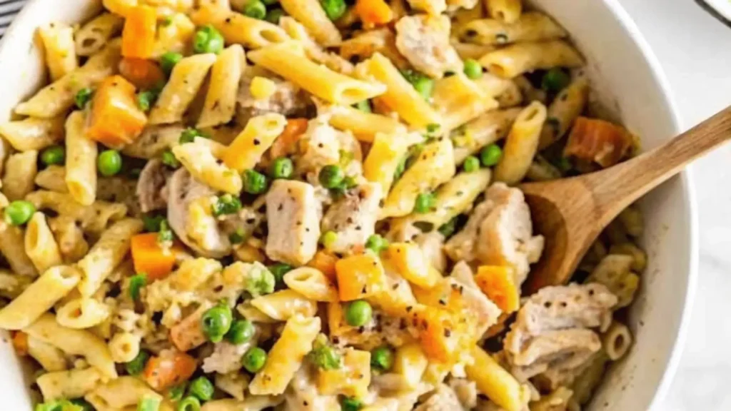 chicken pasta recipe, creamy pasta dish, chicken pot pie recipe, comfort food pasta, one-pot chicken pasta