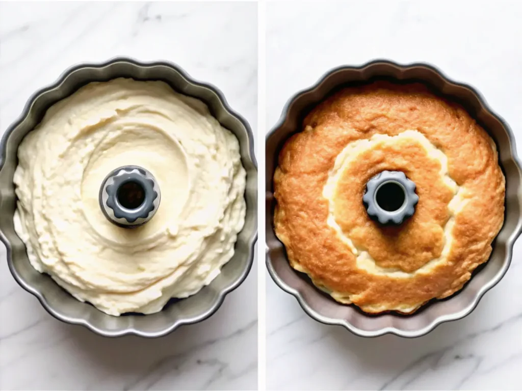 "Side-by-side images of a bundt pan, one with raw cake batter and the other with a baked golden-brown bundt cake, placed on a white marble surface."