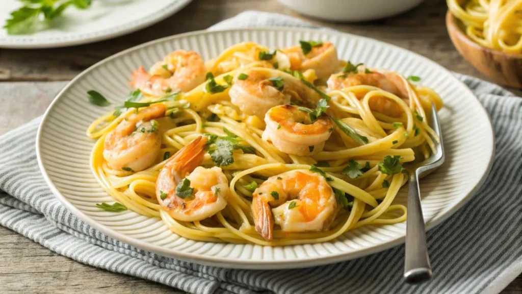 Olive Garden Shrimp Scampi with creamy garlic sauce, sautéed shrimp, and garnished pasta, served with a glass of white wine and breadsticks.