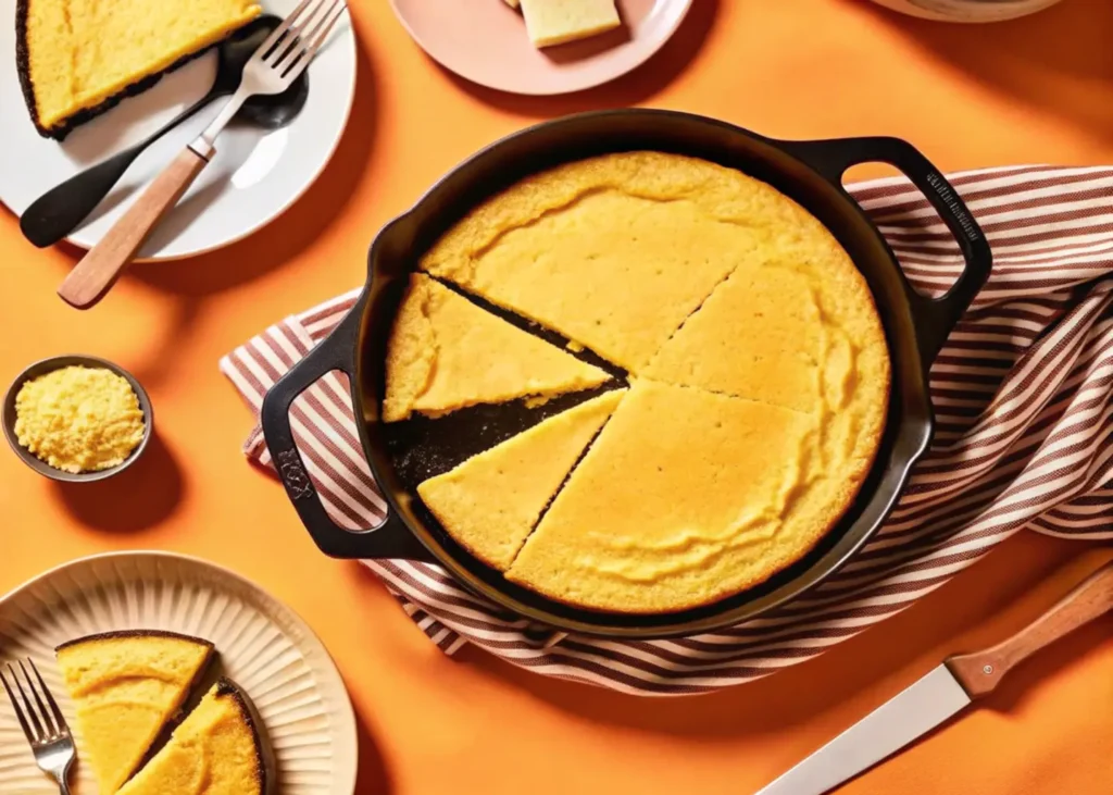 "Golden Southern cornbread in a cast-iron skillet, featuring a crispy crust and moist, fluffy center, served with a drizzle of honey and a pat of butter melting on top."