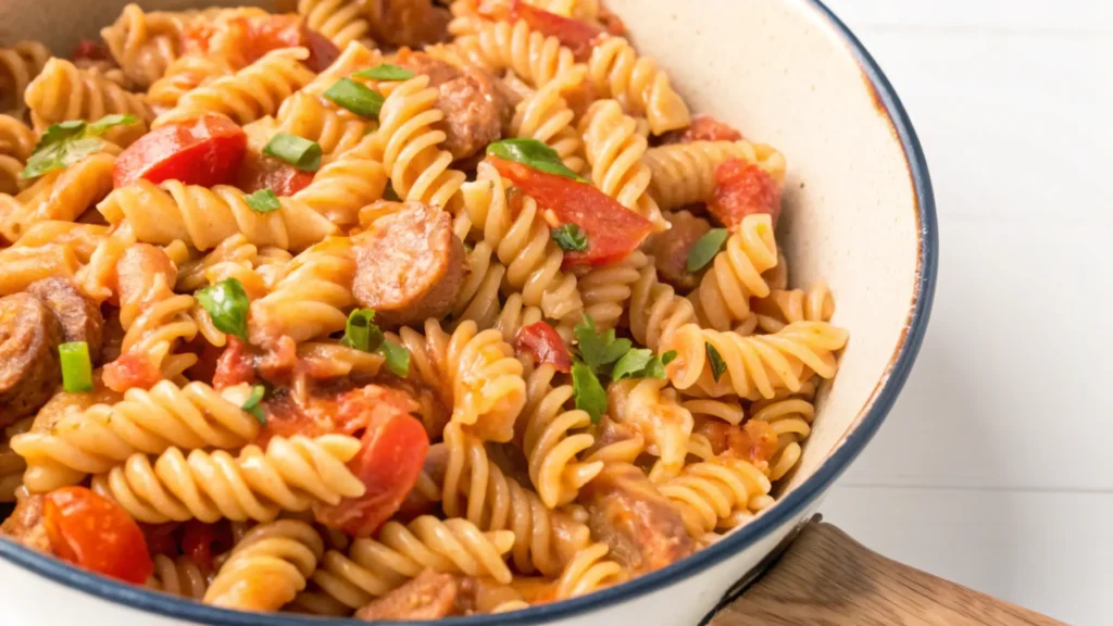 A close-up view of a bowl of rotini pasta mixed with slices of kielbasa sausage, diced tomatoes, and garnished with fresh parsley and green onions. The dish is served in a white bowl with a blue rim on a wooden surface.