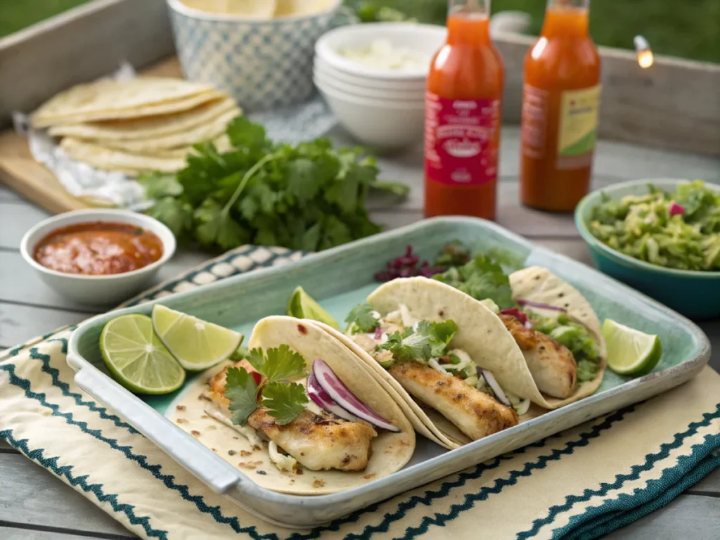 Grilled fish tacos served with shredded cabbage, lime wedges, and fresh cilantro on a festive table.