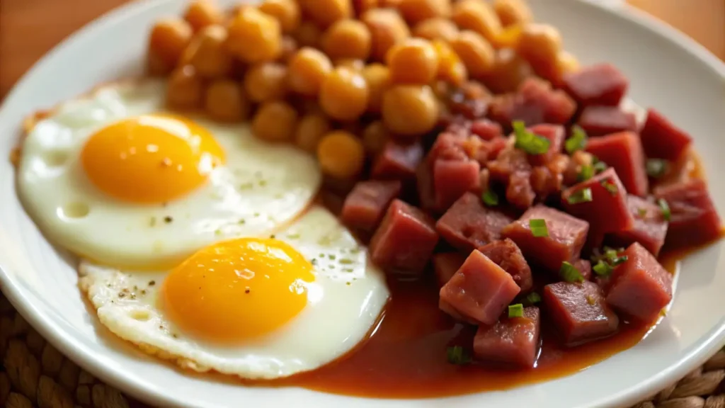 A breakfast plate featuring sunny-side-up eggs, diced canned corned beef in a savory sauce, and baked beans, garnished with fresh parsley.