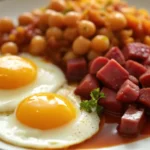 A hearty breakfast plate featuring two sunny-side-up eggs, a serving of diced canned corned beef in sauce, and a portion of baked beans garnished with parsley.