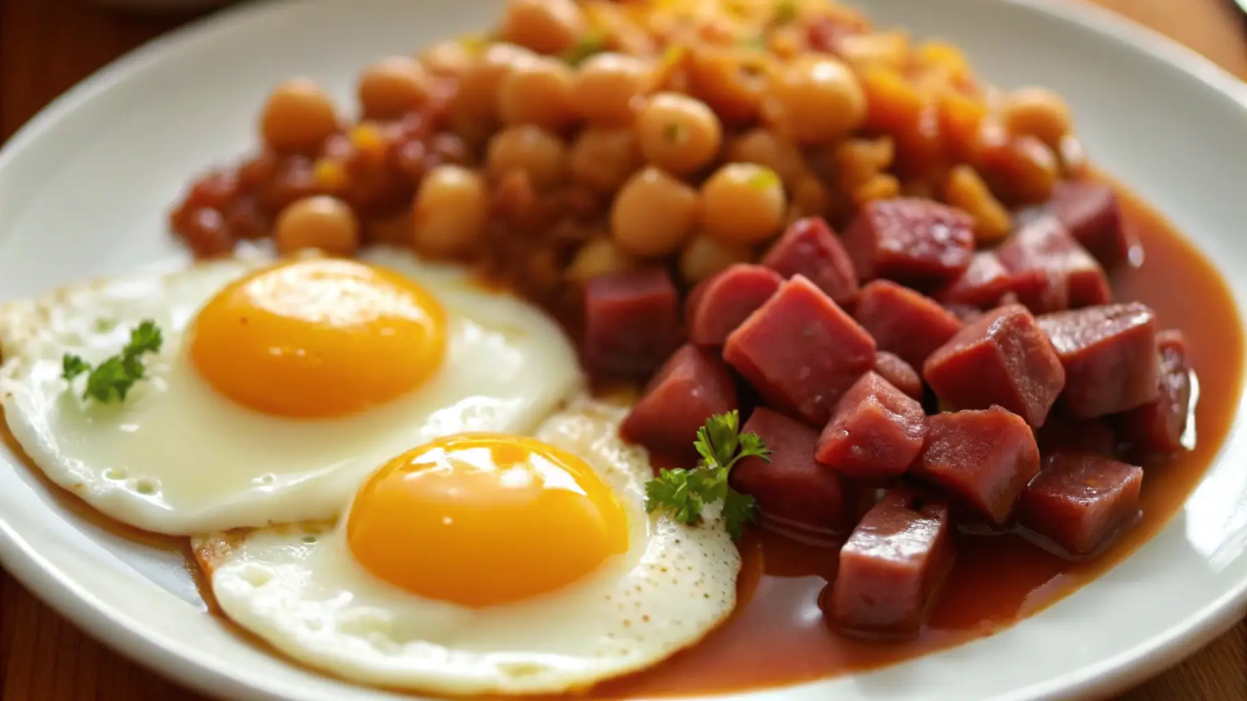 A hearty breakfast plate featuring two sunny-side-up eggs, a serving of diced canned corned beef in sauce, and a portion of baked beans garnished with parsley.