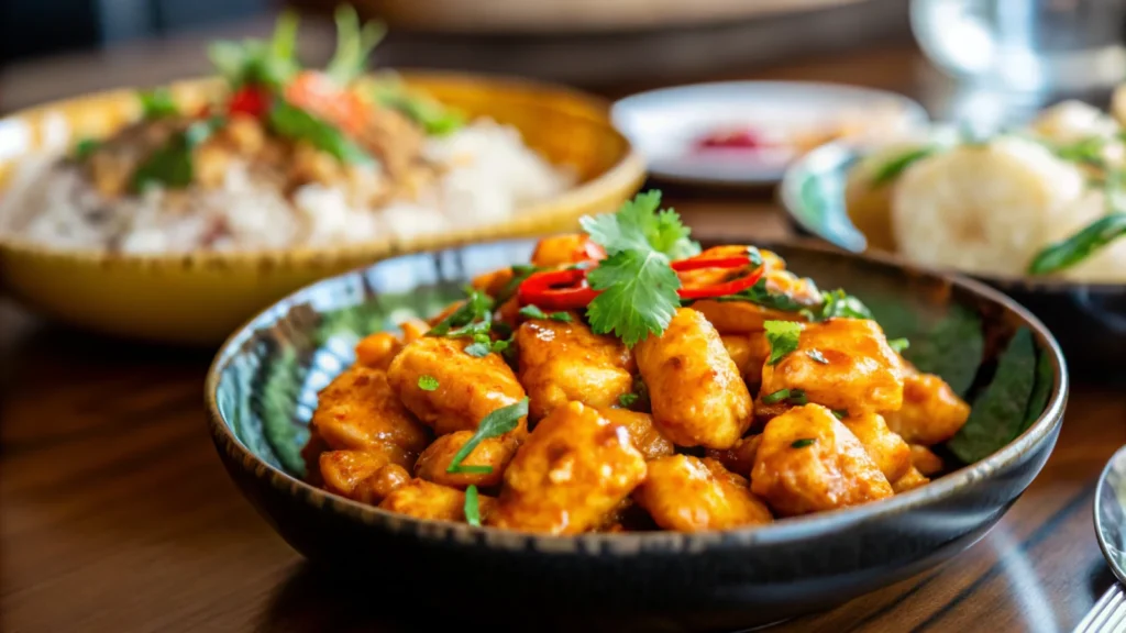 Churu Chicken Amarillo served in a bowl, garnished with fresh herbs and red chili slices, accompanied by rice and vegetables on a wooden table