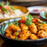 Churu Chicken Amarillo served in a bowl, garnished with fresh herbs and red chili slices, accompanied by rice and vegetables on a wooden table