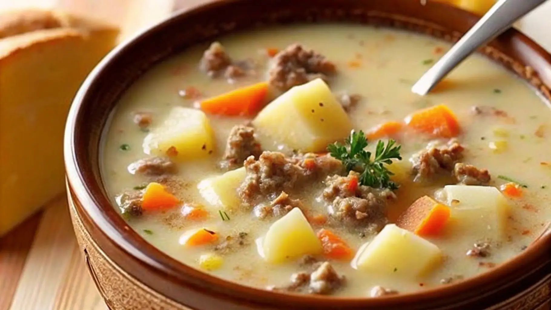 A warm bowl of hamburger potato soup showcasing cubes of potato, bits of ground beef, and bright carrot pieces in a creamy broth.