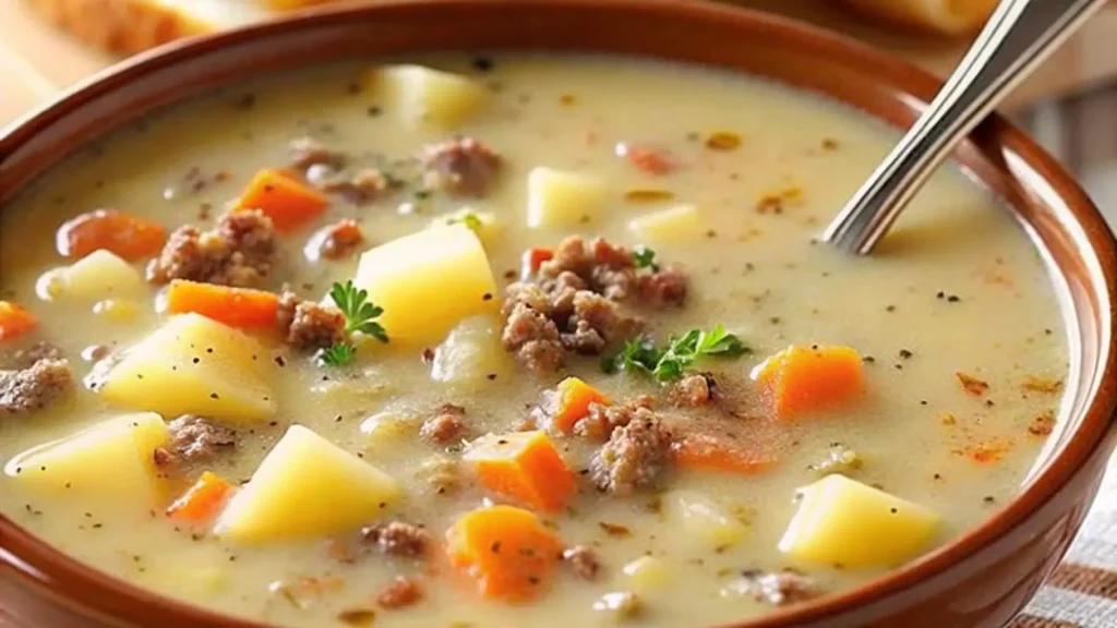 A warm bowl of hamburger potato soup showcasing cubes of potato, bits of ground beef, and bright carrot pieces in a creamy broth