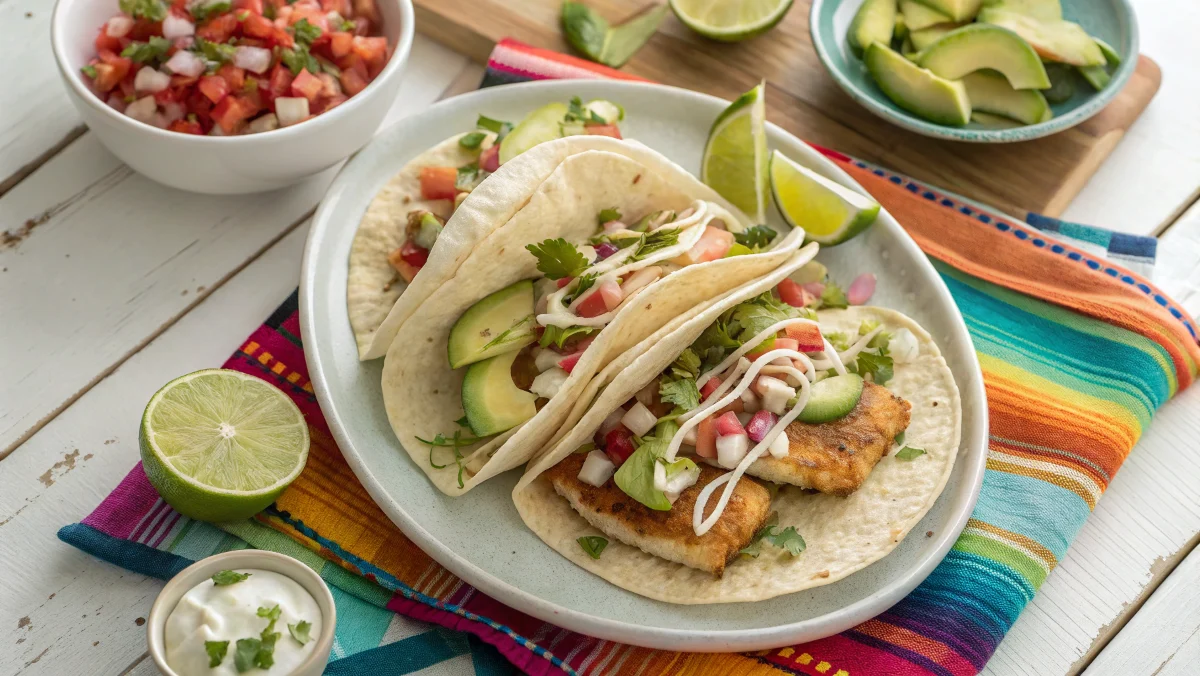 Fresh and colorful fish tacos served with slaw, avocado, and creamy sauce on a vibrant table setting.