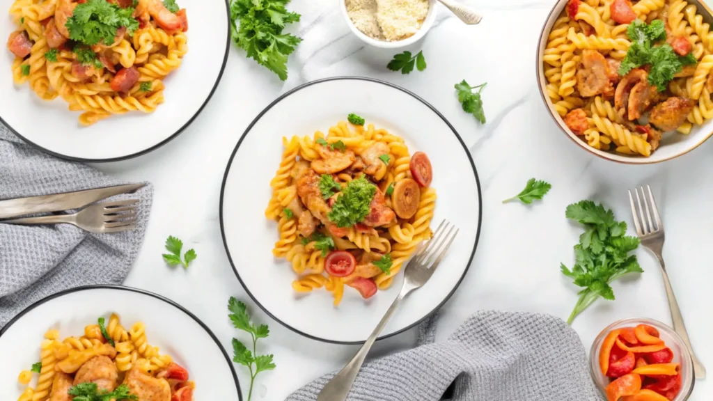 A close-up view of a bowl of rotini pasta mixed with slices of kielbasa sausage, diced tomatoes, and garnished with fresh parsley and green onions.