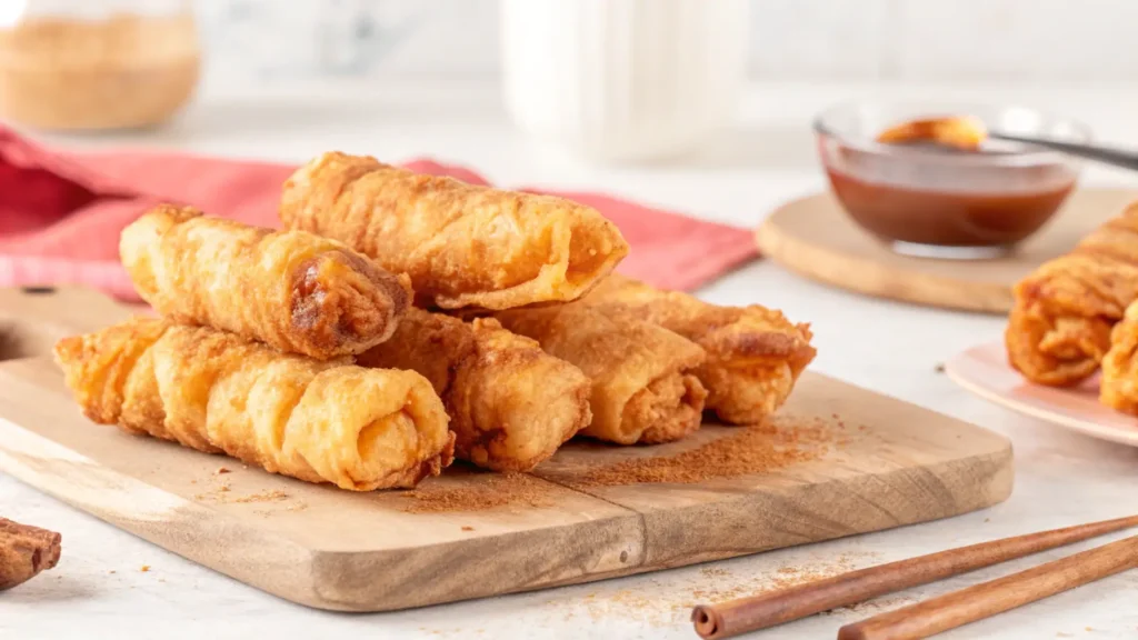 Crispy peach cobbler egg rolls dusted with powdered sugar, served on a white plate.