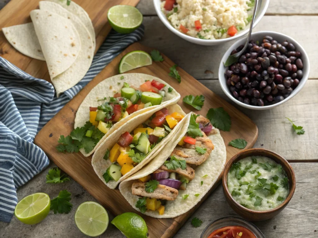 A colorful spread featuring fish tacos with cilantro-lime rice, black beans, and grilled vegetables.