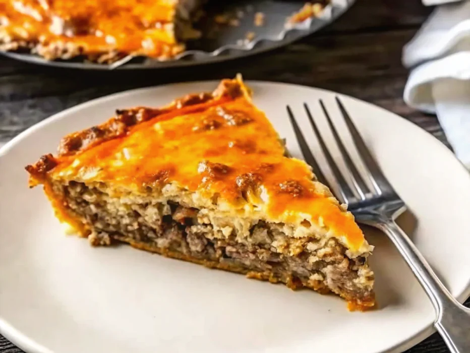 A freshly baked cheeseburger pie with a golden brown crust and bubbling cheddar cheese.