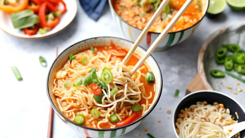 A bowl of orange-red noodle soup topped with sliced peppers and fresh herbs, with chopsticks lifting noodles above the bowl.