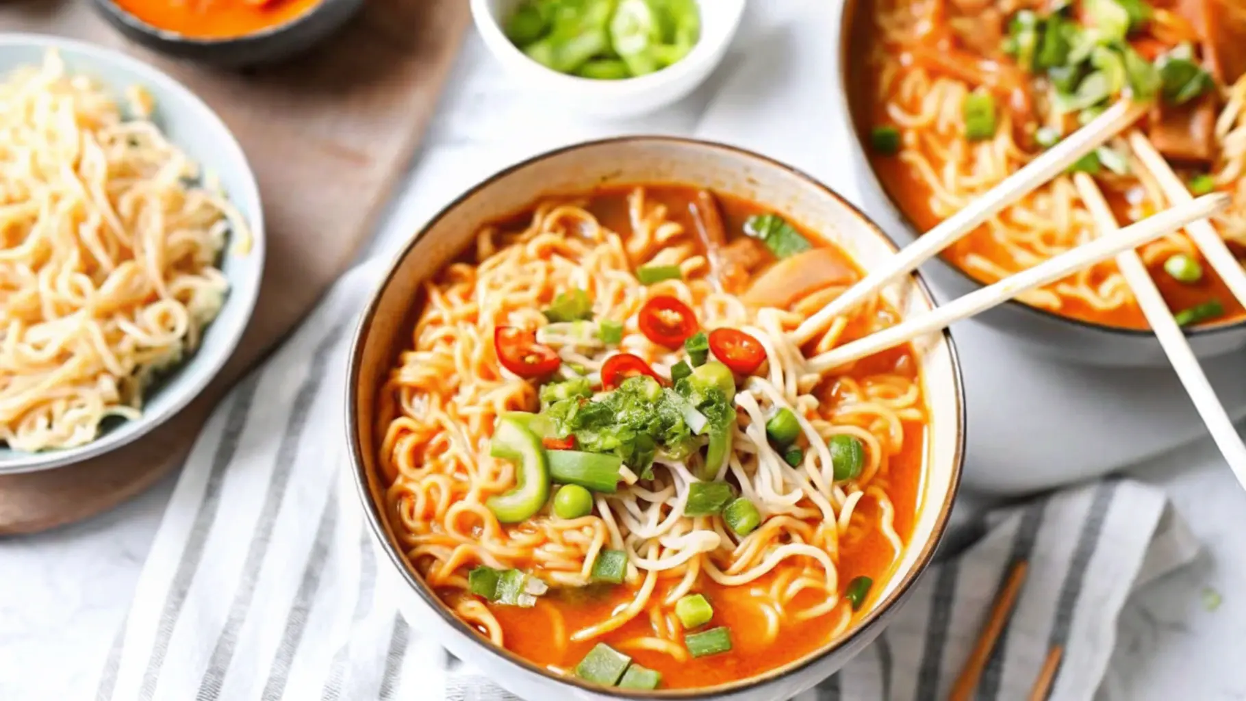 A bowl of orange-red noodle soup topped with sliced peppers and fresh herbs, with chopsticks lifting noodles above the bowl.