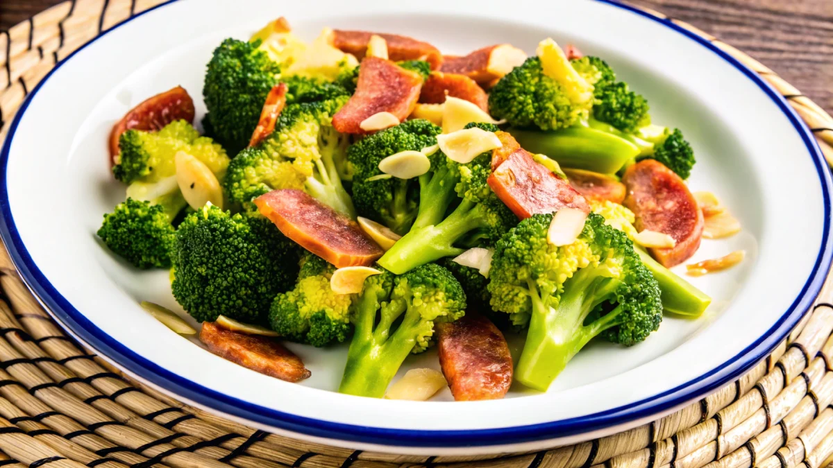 A plate of vibrant sausage broccoli stir-fry, featuring golden-brown sausage slices and fresh green broccoli florets garnished with almond slices, served on a white dish with a blue rim.