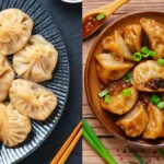 Steamed vegan soup dumplings in a bamboo steamer with dipping sauces. Title: Steaming Hot Vegan Soup Dumplings