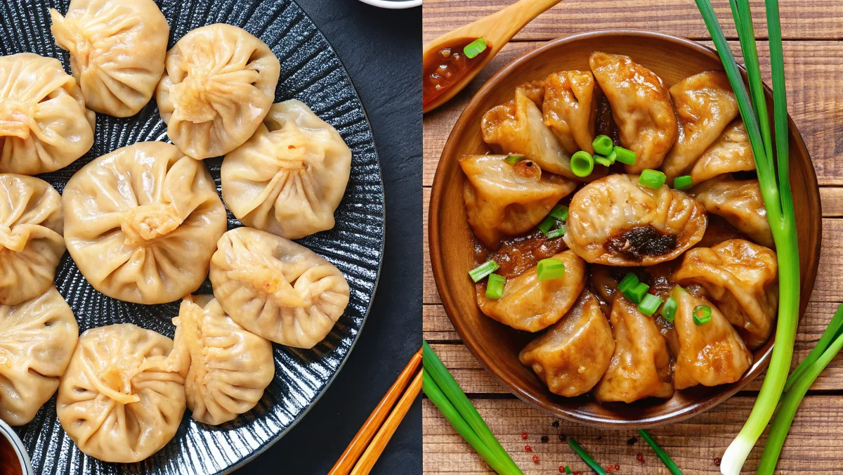 Steamed vegan soup dumplings in a bamboo steamer with dipping sauces. Title: Steaming Hot Vegan Soup Dumplings