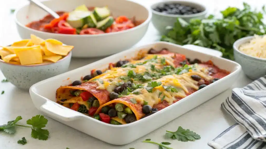 Vegetarian boulders enchiladas with black beans and vegetables, topped with cheese.