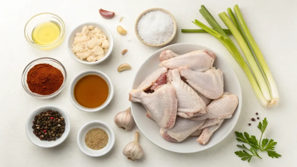 A rustic kitchen scene with ingredients for smothered chicken wings, including chicken wings, flour, chicken broth, onions, garlic, celery, spices like paprika, black pepper, garlic powder, thyme, and salt, along with oil or butter for cooking