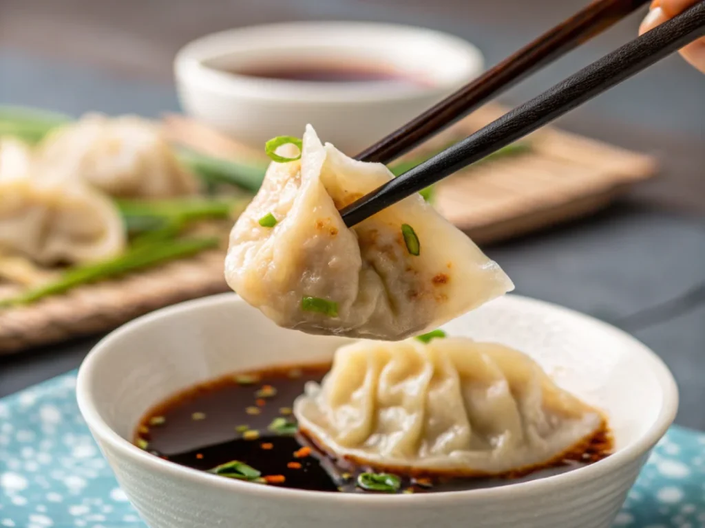 Vegan dumpling being dipped in soy sauce.