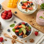 A vibrant assortment of cottage cheese recipes including parfaits, salads, and smoothies arranged on a wooden kitchen counter.