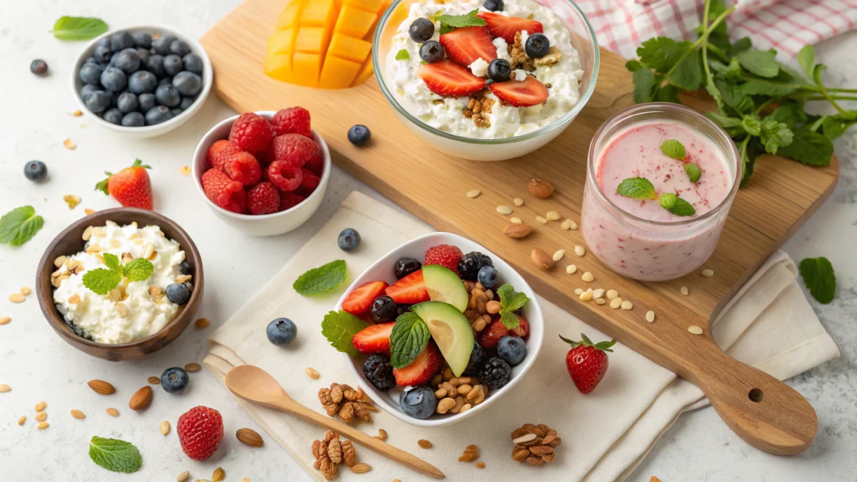 A vibrant assortment of cottage cheese recipes including parfaits, salads, and smoothies arranged on a wooden kitchen counter.