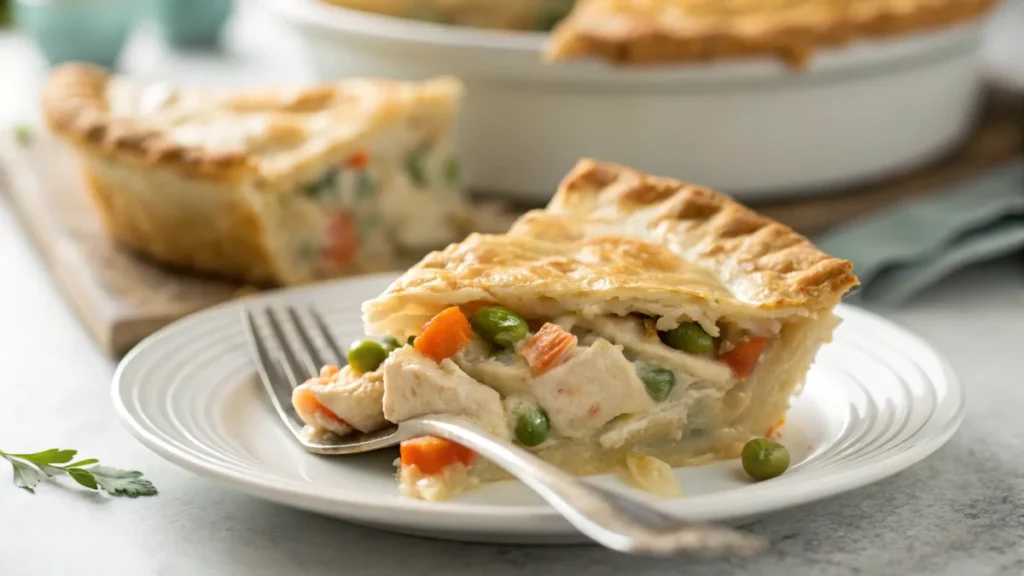 Close-up of a slice of homemade Pillsbury chicken pot pie on a plate, showing its flaky crust and creamy filling