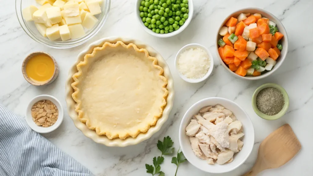 Flat lay of fresh ingredients for a chicken pot pie, including pie crusts, chicken, vegetables, and seasonings.