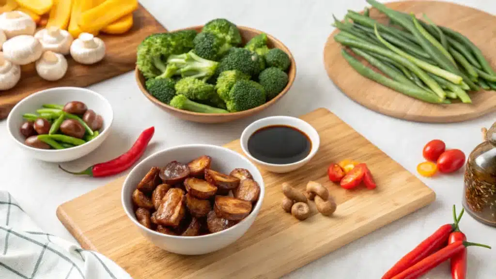 A selection of fresh ingredients for sausage broccoli stir-fry, including broccoli, sausages, soy sauce, mushrooms, cherry tomatoes, green beans, chili peppers, and bell peppers, neatly arranged on a wooden board and bowls.