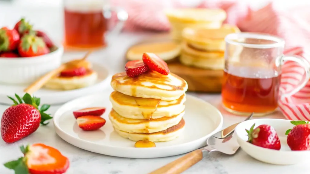 A stack of golden, fluffy mini pancakes on a white plate against a light purple background.