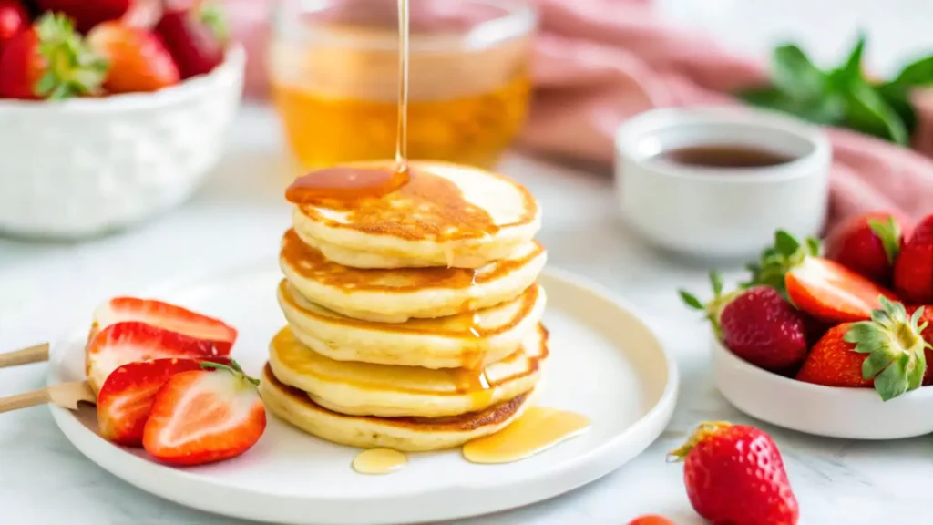 A stack of golden, fluffy mini pancakes on a white plate against a light purple background.