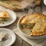 Overhead view of a golden-brown chicken pot pie with a slice cut out, revealing creamy filling.