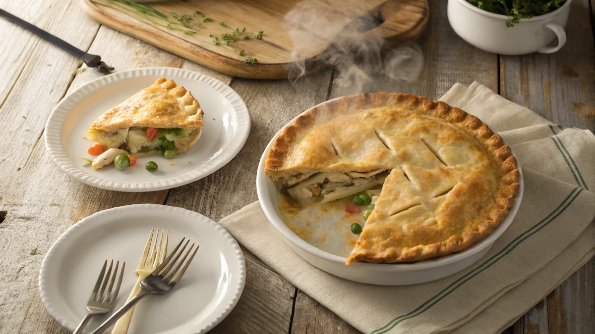 Overhead view of a golden-brown chicken pot pie with a slice cut out, revealing creamy filling.