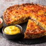 A freshly baked cheeseburger pie with a golden brown crust and bubbling cheddar cheese.