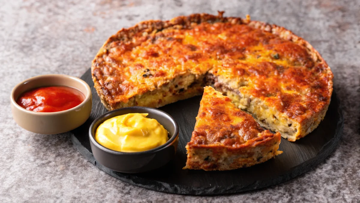 A freshly baked cheeseburger pie with a golden brown crust and bubbling cheddar cheese.