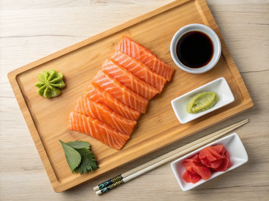 Ingredients for making salmon sashimi, including salmon, soy sauce, and wasabi