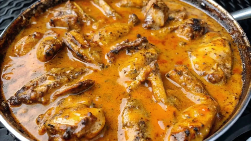 "Smothered chicken wings simmering in a rich, golden-orange gravy inside a skillet."