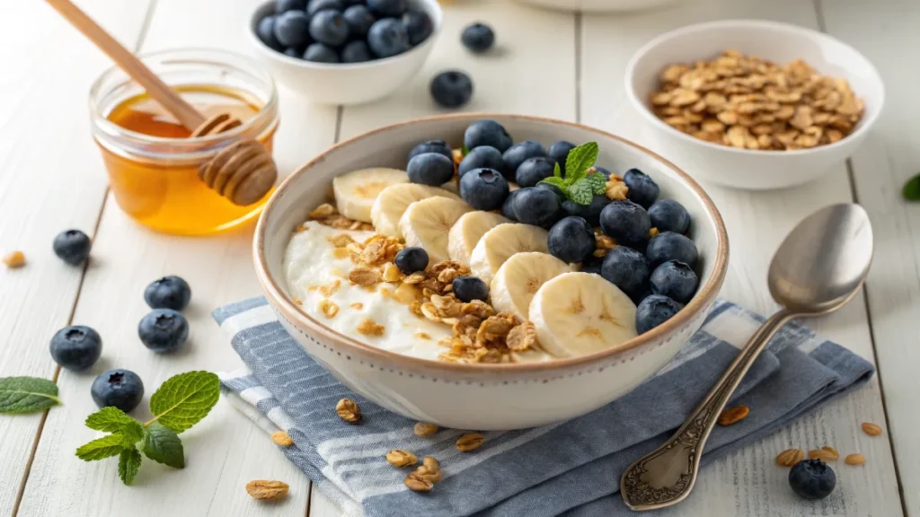 A quick and healthy cottage cheese breakfast bowl topped with fresh blueberries, bananas, granola, and honey.

