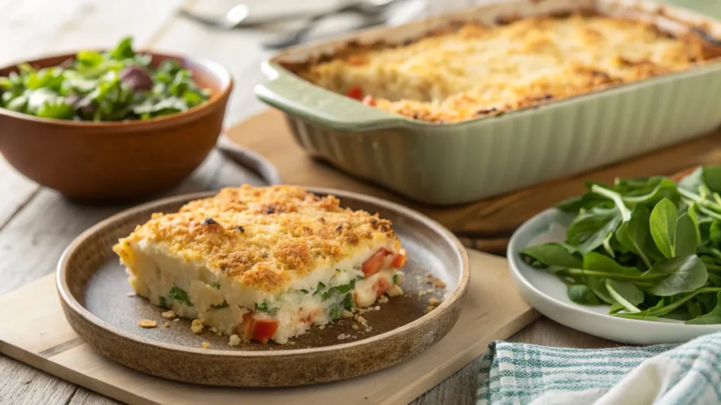 A hearty cottage cheese and vegetable casserole topped with golden breadcrumbs, served with a fresh green salad.

