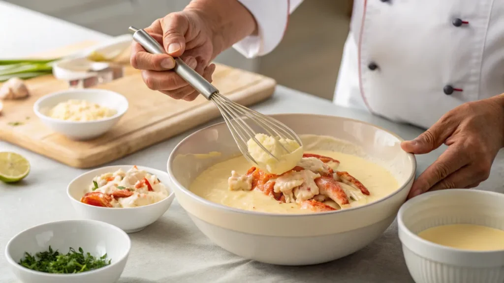 “Folding fresh crab meat into a creamy custard for the crab brulee recipe”

