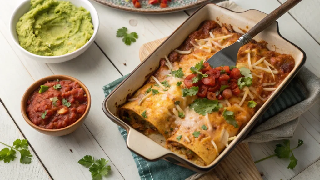 Freshly baked boulders enchiladas garnished with cilantro in a rustic baking dish.