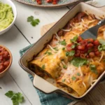 Freshly baked boulders enchiladas garnished with cilantro in a rustic baking dish.