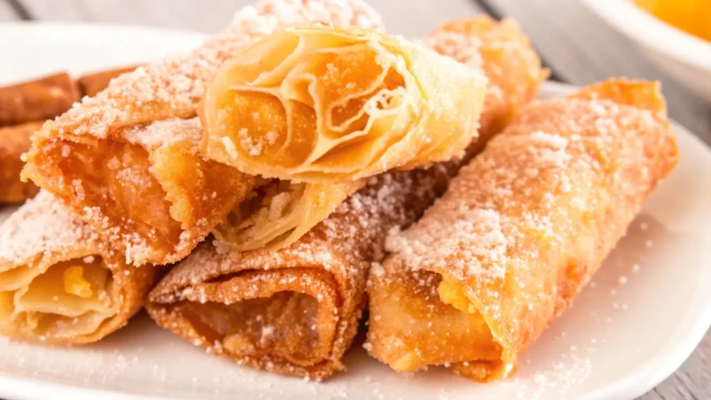 A close-up of golden-brown peach cobbler egg rolls dusted with powdered sugar on a white plate.