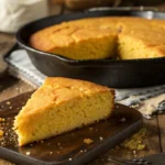 Freshly baked golden cornbread slice on a rustic table.