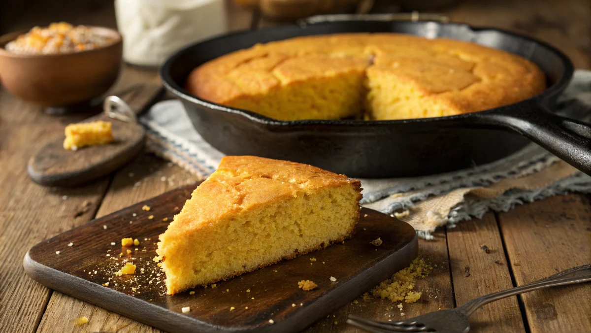 Freshly baked golden cornbread slice on a rustic table.