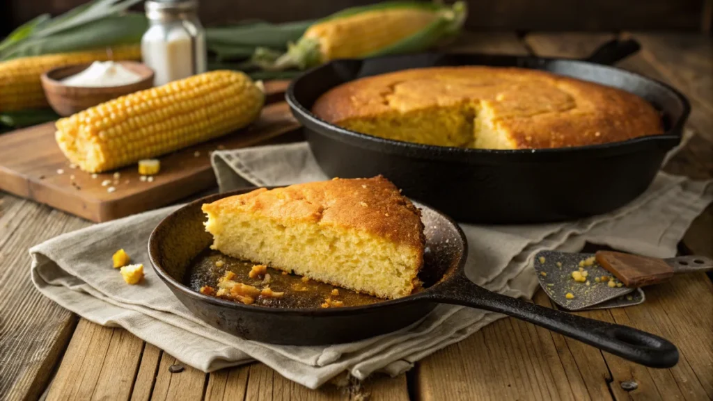 A slice of golden cornbread served on a wooden board next to a cast-iron skillet filled with freshly baked cornbread.