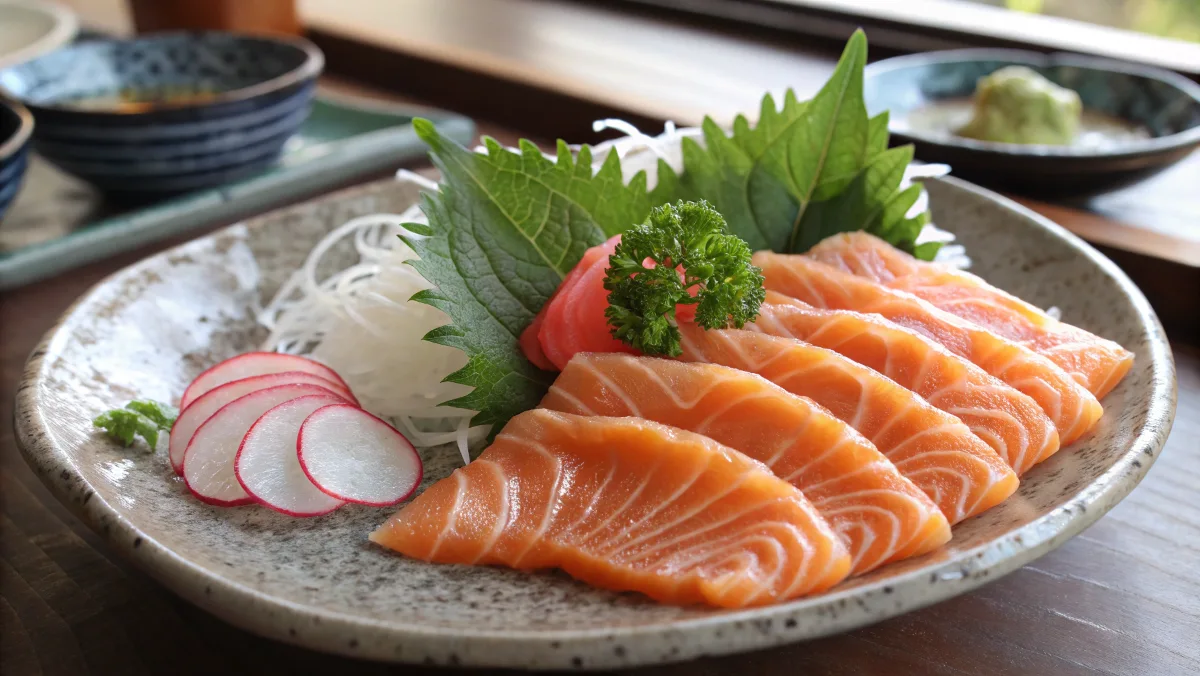 Close-up of salmon sashimi slices on a ceramic plate with garnishes.